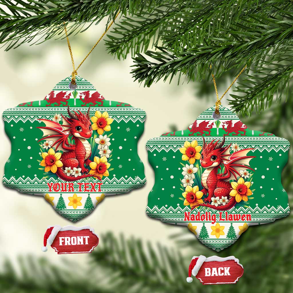 Personalized Wales Christmas Ceramic Ornament Cute Red Welsh Dragon and Daffodils - Wonder Print Shop