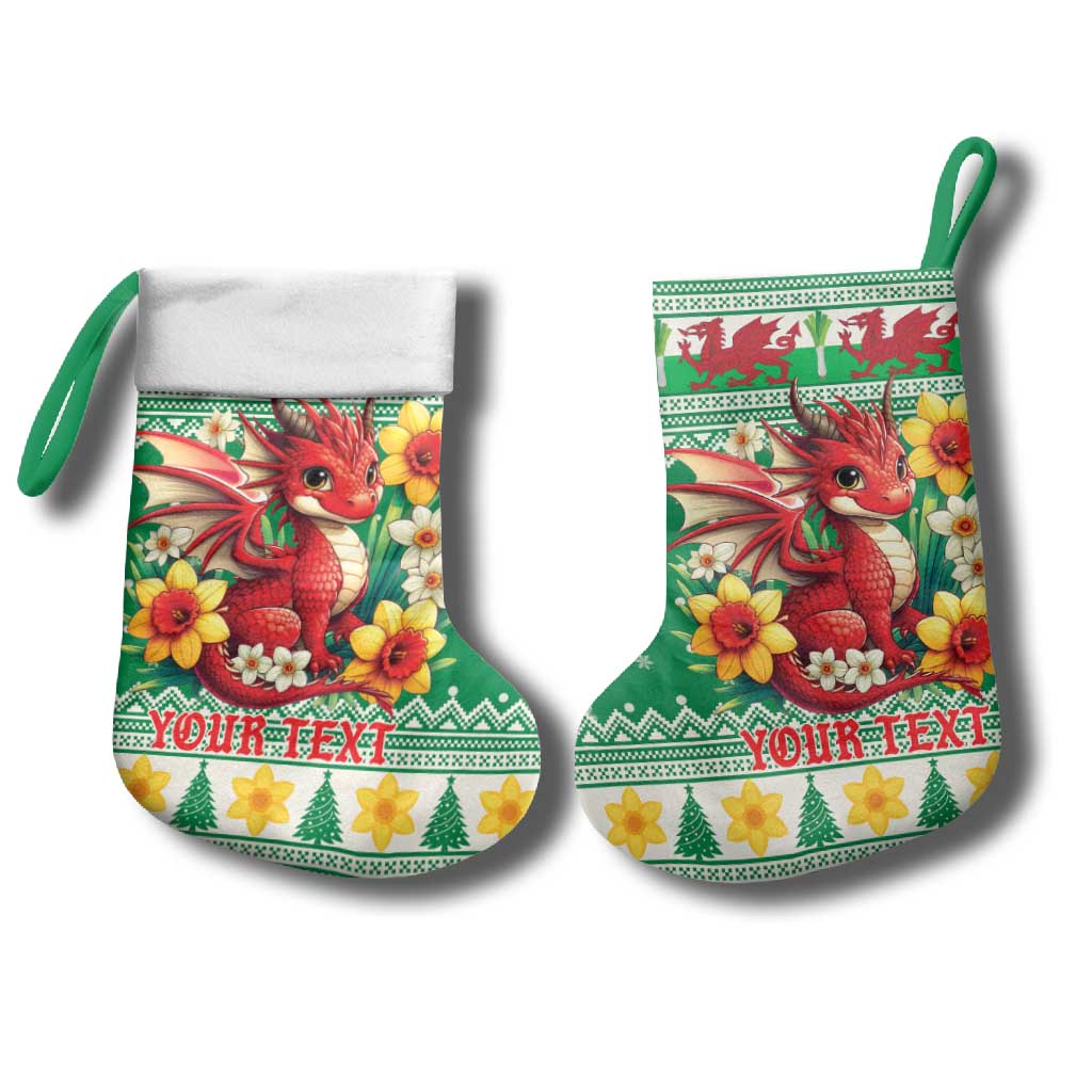 Personalized Wales Christmas Stocking Cute Red Welsh Dragon and Daffodils - Wonder Print Shop