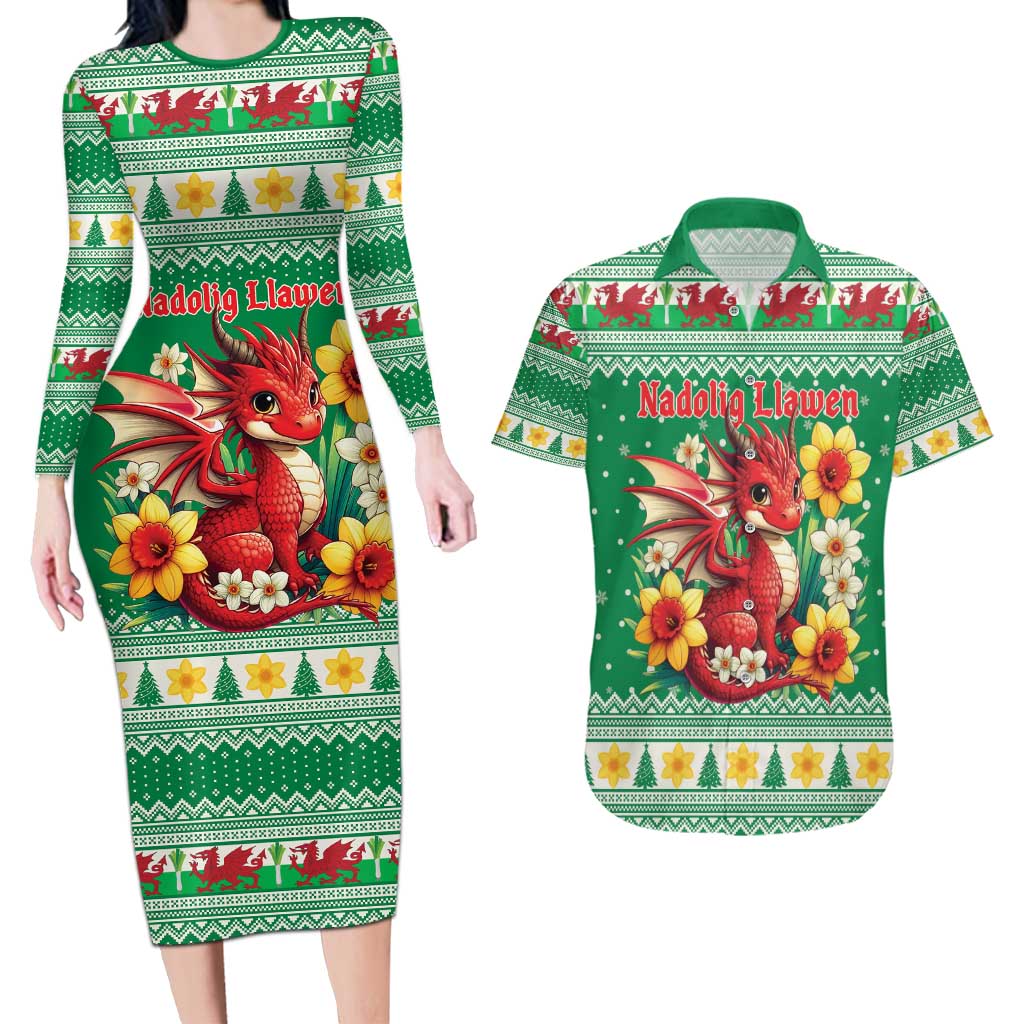 Personalized Wales Christmas Couples Matching Long Sleeve Bodycon Dress and Hawaiian Shirt Cute Red Welsh Dragon and Daffodils - Wonder Print Shop