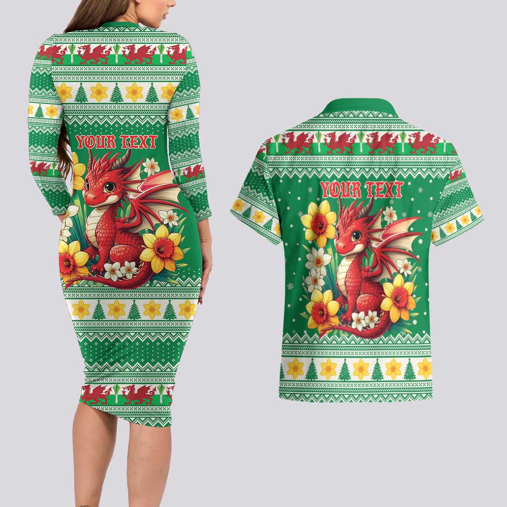 Personalized Wales Christmas Couples Matching Long Sleeve Bodycon Dress and Hawaiian Shirt Cute Red Welsh Dragon and Daffodils - Wonder Print Shop