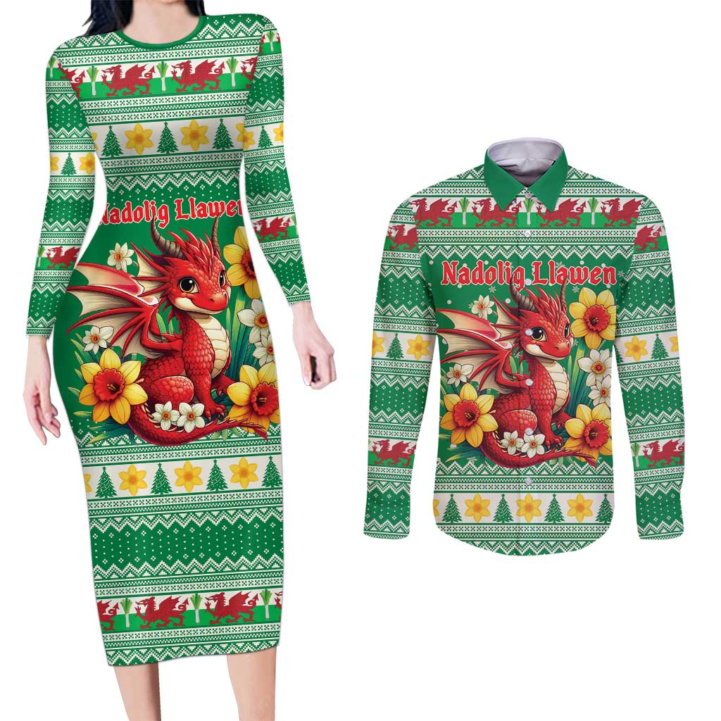 Personalized Wales Christmas Couples Matching Long Sleeve Bodycon Dress and Long Sleeve Button Shirt Cute Red Welsh Dragon and Daffodils - Wonder Print Shop