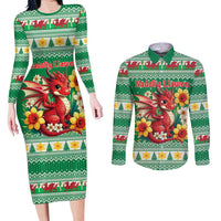 Personalized Wales Christmas Couples Matching Long Sleeve Bodycon Dress and Long Sleeve Button Shirt Cute Red Welsh Dragon and Daffodils - Wonder Print Shop