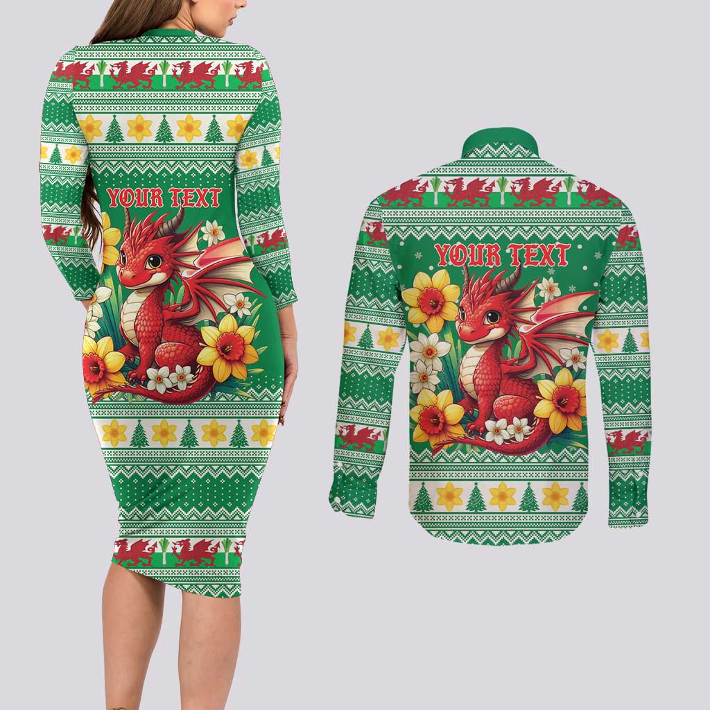 Personalized Wales Christmas Couples Matching Long Sleeve Bodycon Dress and Long Sleeve Button Shirt Cute Red Welsh Dragon and Daffodils - Wonder Print Shop