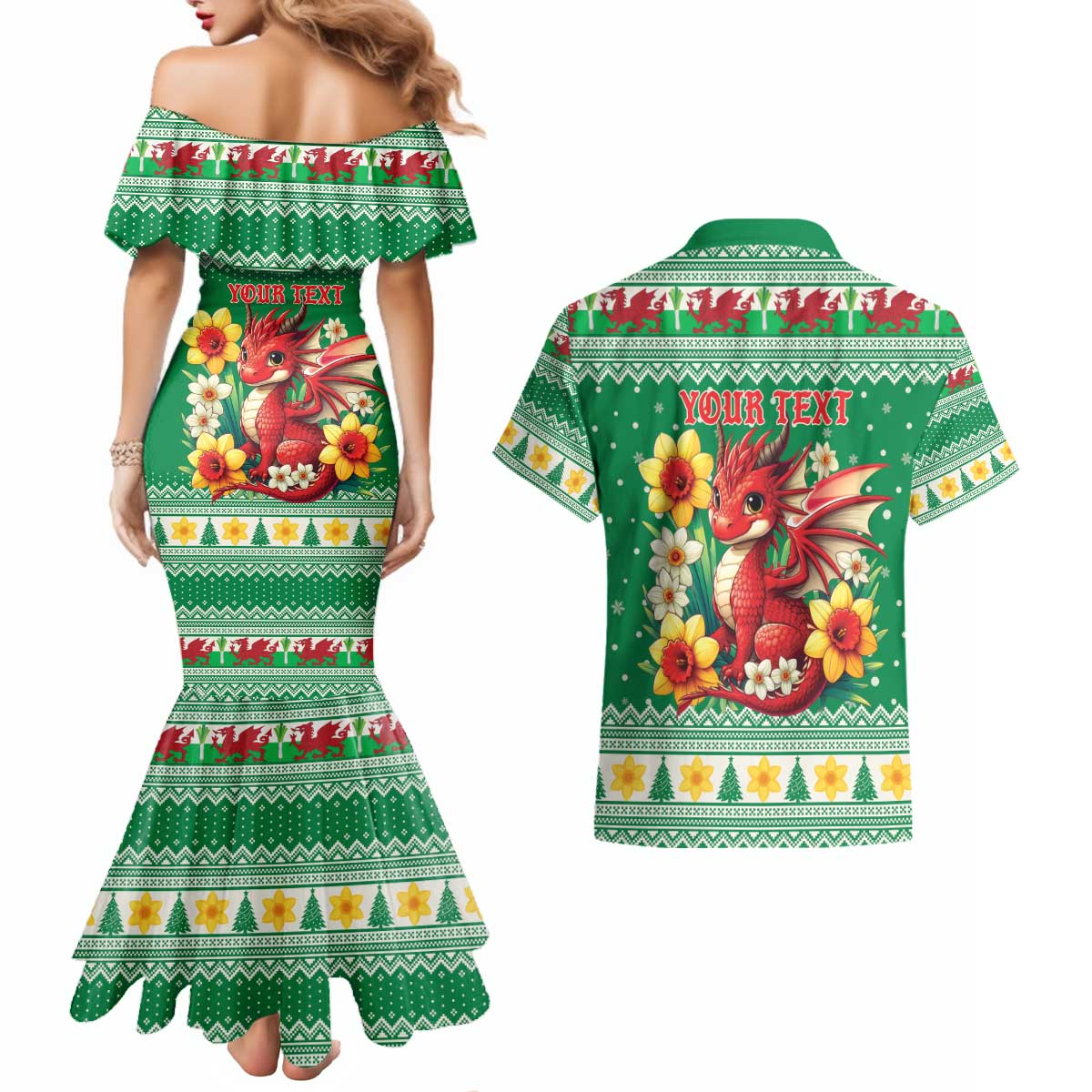 Personalized Wales Christmas Couples Matching Mermaid Dress and Hawaiian Shirt Cute Red Welsh Dragon and Daffodils - Wonder Print Shop
