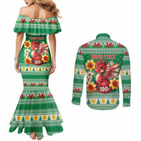 Personalized Wales Christmas Couples Matching Mermaid Dress and Long Sleeve Button Shirt Cute Red Welsh Dragon and Daffodils - Wonder Print Shop