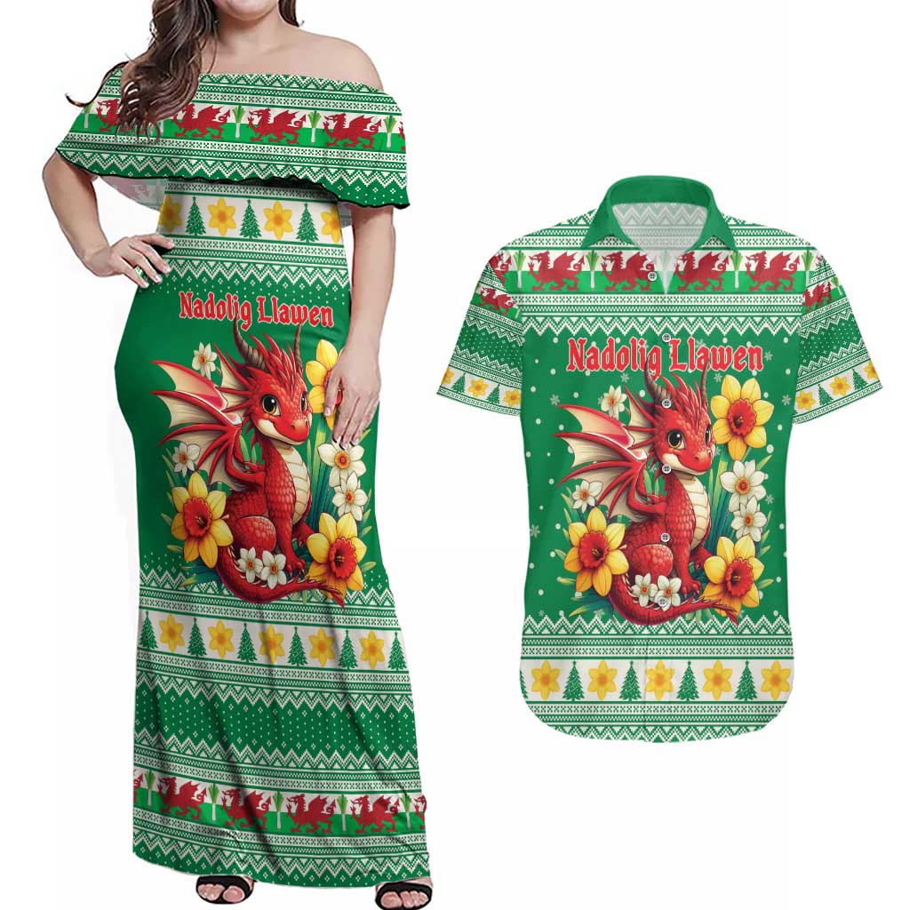 Personalized Wales Christmas Couples Matching Off Shoulder Maxi Dress and Hawaiian Shirt Cute Red Welsh Dragon and Daffodils - Wonder Print Shop