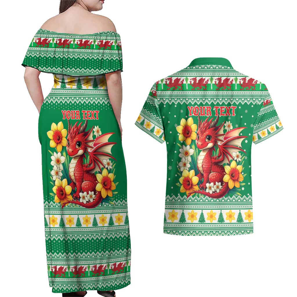 Personalized Wales Christmas Couples Matching Off Shoulder Maxi Dress and Hawaiian Shirt Cute Red Welsh Dragon and Daffodils - Wonder Print Shop