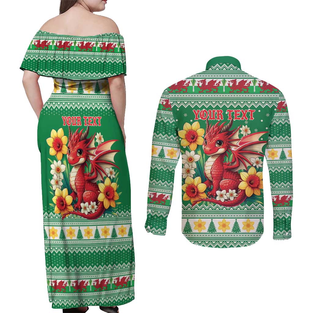 Personalized Wales Christmas Couples Matching Off Shoulder Maxi Dress and Long Sleeve Button Shirt Cute Red Welsh Dragon and Daffodils - Wonder Print Shop
