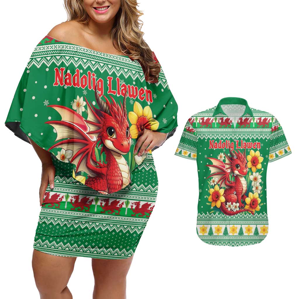 Personalized Wales Christmas Couples Matching Off Shoulder Short Dress and Hawaiian Shirt Cute Red Welsh Dragon and Daffodils - Wonder Print Shop