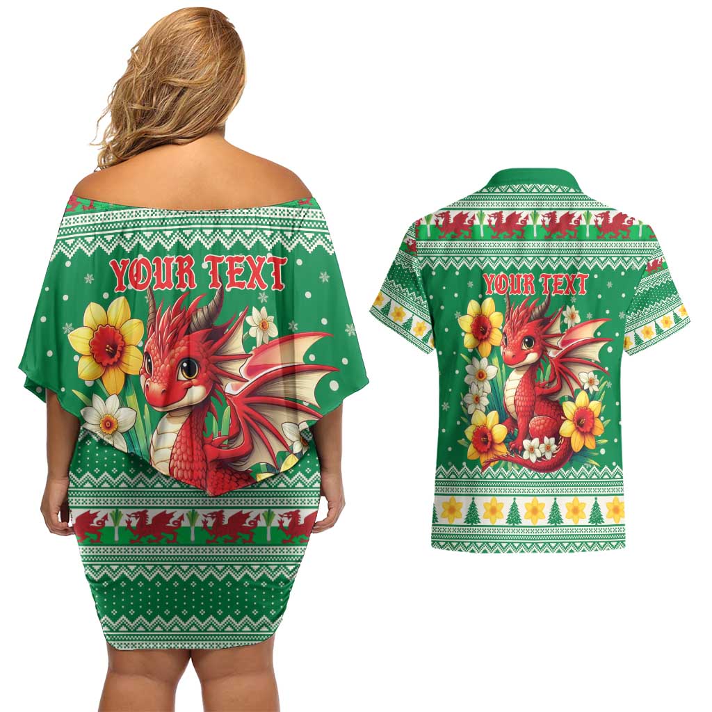 Personalized Wales Christmas Couples Matching Off Shoulder Short Dress and Hawaiian Shirt Cute Red Welsh Dragon and Daffodils - Wonder Print Shop