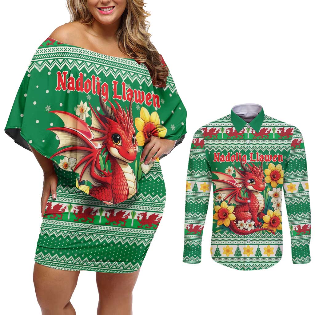 Personalized Wales Christmas Couples Matching Off Shoulder Short Dress and Long Sleeve Button Shirt Cute Red Welsh Dragon and Daffodils - Wonder Print Shop