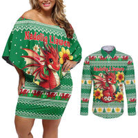 Personalized Wales Christmas Couples Matching Off Shoulder Short Dress and Long Sleeve Button Shirt Cute Red Welsh Dragon and Daffodils - Wonder Print Shop