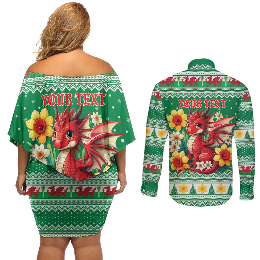 Personalized Wales Christmas Couples Matching Off Shoulder Short Dress and Long Sleeve Button Shirt Cute Red Welsh Dragon and Daffodils - Wonder Print Shop