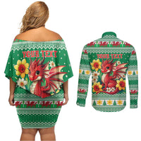 Personalized Wales Christmas Couples Matching Off Shoulder Short Dress and Long Sleeve Button Shirt Cute Red Welsh Dragon and Daffodils - Wonder Print Shop