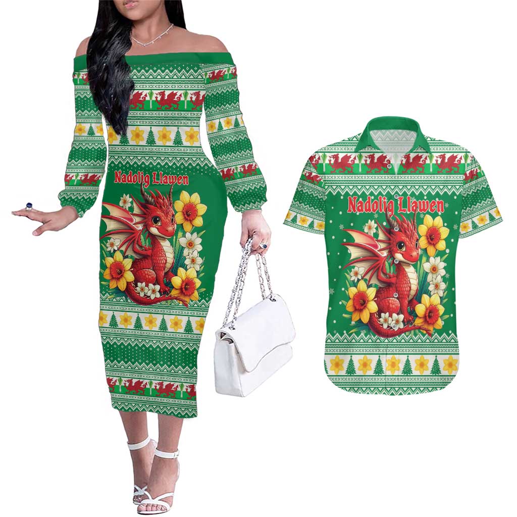 Personalized Wales Christmas Couples Matching Off The Shoulder Long Sleeve Dress and Hawaiian Shirt Cute Red Welsh Dragon and Daffodils - Wonder Print Shop