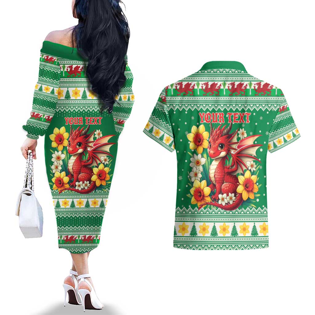 Personalized Wales Christmas Couples Matching Off The Shoulder Long Sleeve Dress and Hawaiian Shirt Cute Red Welsh Dragon and Daffodils - Wonder Print Shop