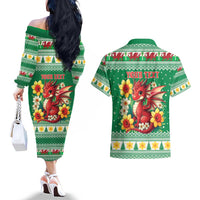 Personalized Wales Christmas Couples Matching Off The Shoulder Long Sleeve Dress and Hawaiian Shirt Cute Red Welsh Dragon and Daffodils - Wonder Print Shop