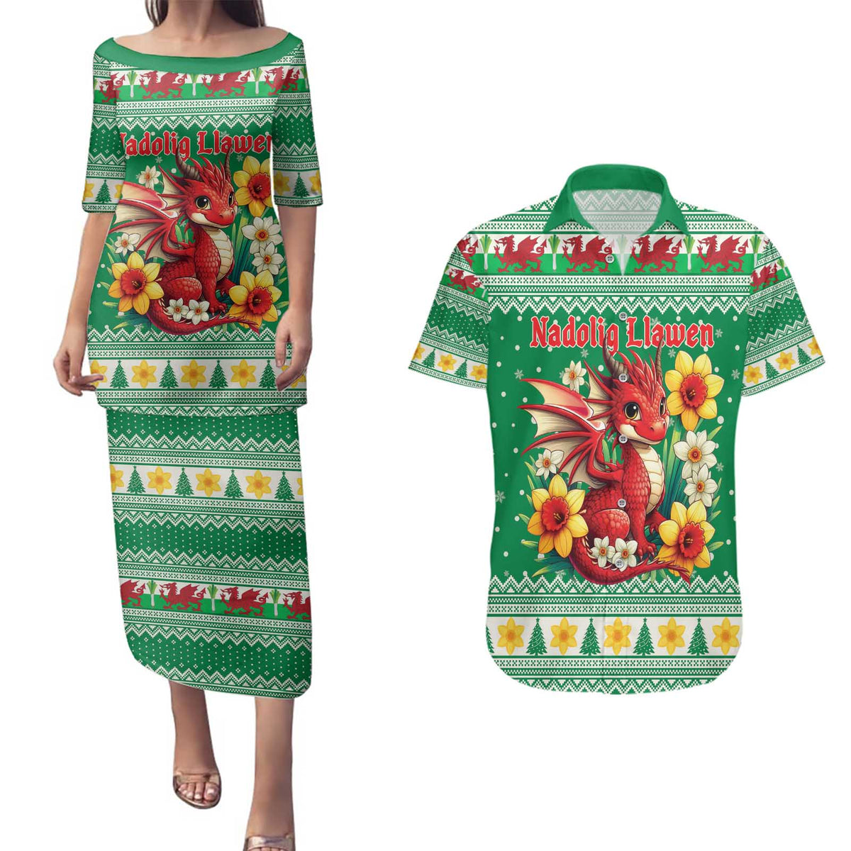 Personalized Wales Christmas Couples Matching Puletasi and Hawaiian Shirt Cute Red Welsh Dragon and Daffodils - Wonder Print Shop