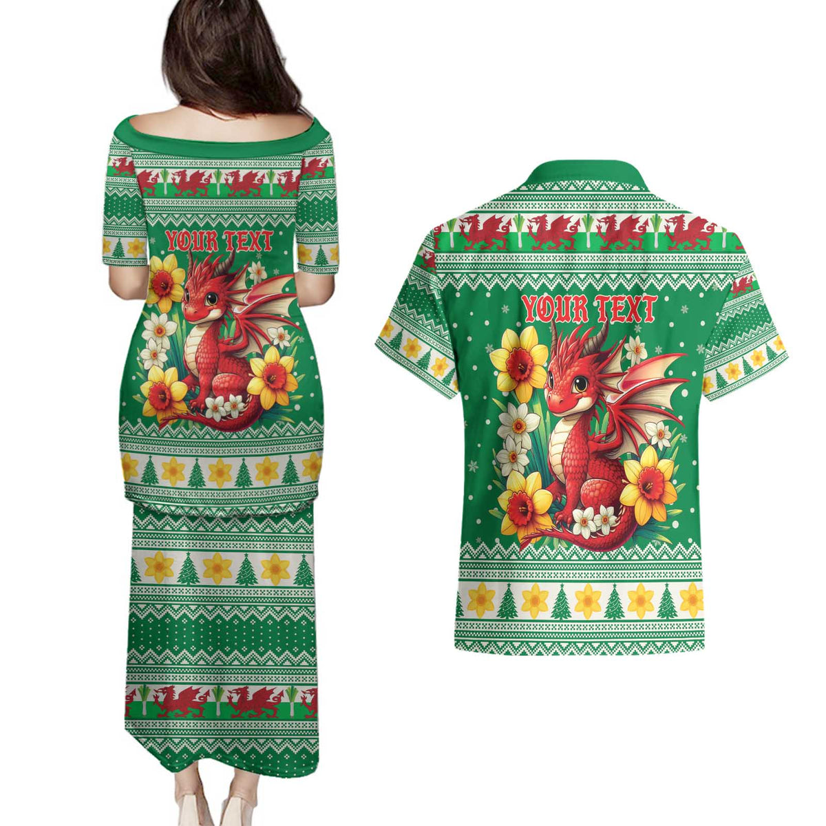 Personalized Wales Christmas Couples Matching Puletasi and Hawaiian Shirt Cute Red Welsh Dragon and Daffodils - Wonder Print Shop