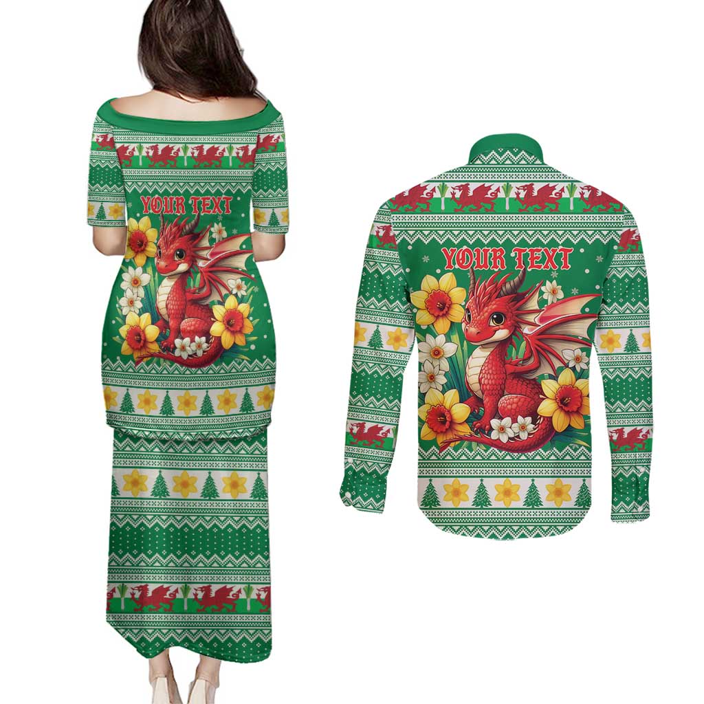 Personalized Wales Christmas Couples Matching Puletasi and Long Sleeve Button Shirt Cute Red Welsh Dragon and Daffodils - Wonder Print Shop