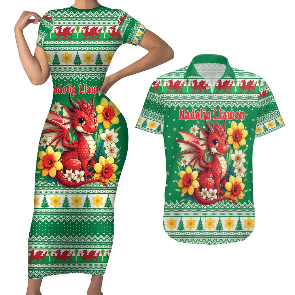 Personalized Wales Christmas Couples Matching Short Sleeve Bodycon Dress and Hawaiian Shirt Cute Red Welsh Dragon and Daffodils - Wonder Print Shop