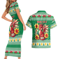 Personalized Wales Christmas Couples Matching Short Sleeve Bodycon Dress and Hawaiian Shirt Cute Red Welsh Dragon and Daffodils - Wonder Print Shop