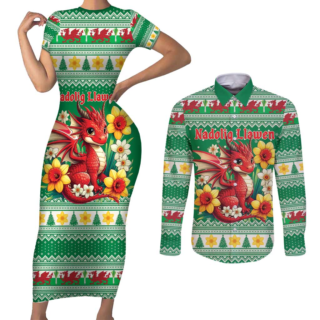 Personalized Wales Christmas Couples Matching Short Sleeve Bodycon Dress and Long Sleeve Button Shirt Cute Red Welsh Dragon and Daffodils - Wonder Print Shop