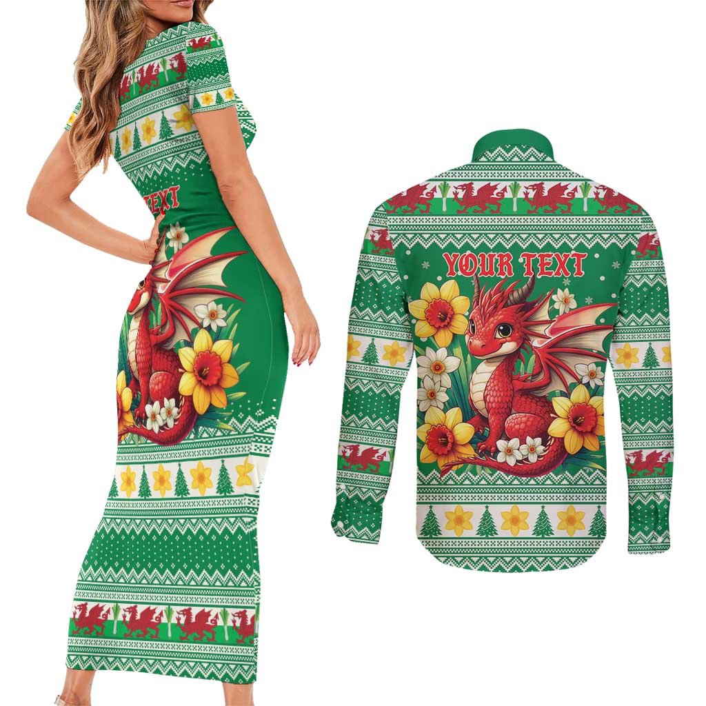 Personalized Wales Christmas Couples Matching Short Sleeve Bodycon Dress and Long Sleeve Button Shirt Cute Red Welsh Dragon and Daffodils - Wonder Print Shop