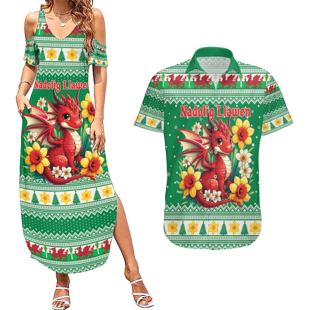 Personalized Wales Christmas Couples Matching Summer Maxi Dress and Hawaiian Shirt Cute Red Welsh Dragon and Daffodils - Wonder Print Shop