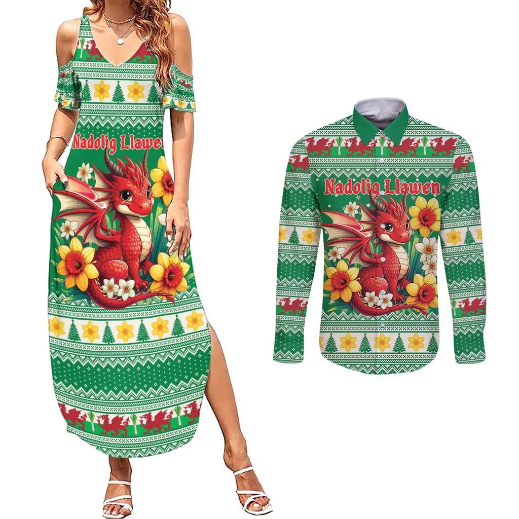 Personalized Wales Christmas Couples Matching Summer Maxi Dress and Long Sleeve Button Shirt Cute Red Welsh Dragon and Daffodils - Wonder Print Shop