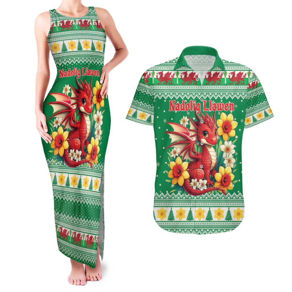 Personalized Wales Christmas Couples Matching Tank Maxi Dress and Hawaiian Shirt Cute Red Welsh Dragon and Daffodils - Wonder Print Shop