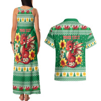 Personalized Wales Christmas Couples Matching Tank Maxi Dress and Hawaiian Shirt Cute Red Welsh Dragon and Daffodils - Wonder Print Shop