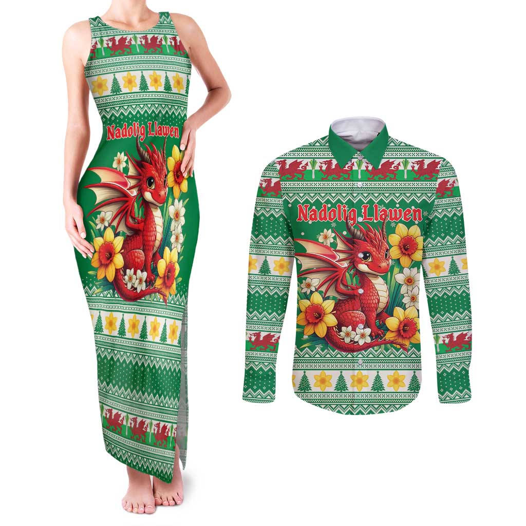 Personalized Wales Christmas Couples Matching Tank Maxi Dress and Long Sleeve Button Shirt Cute Red Welsh Dragon and Daffodils - Wonder Print Shop
