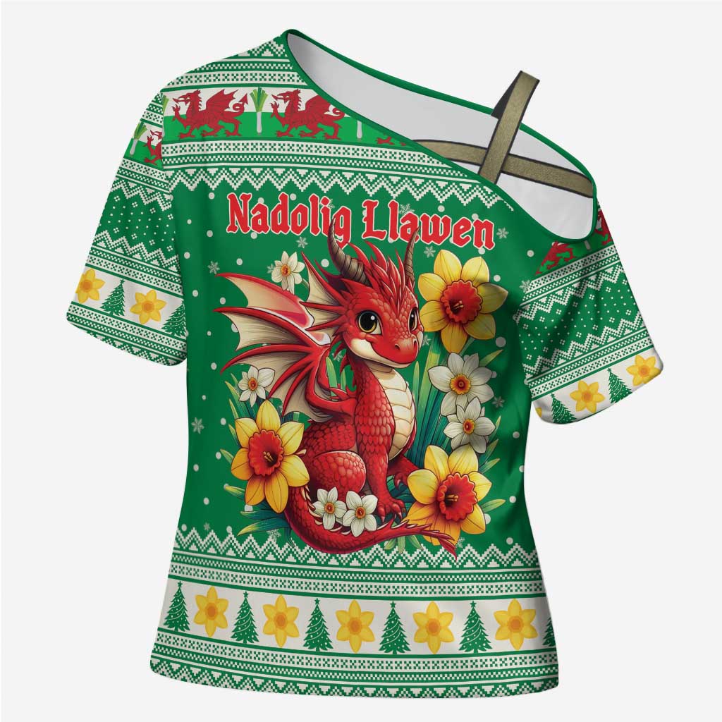 Personalized Wales Christmas Cross Shoulder Shirt Cute Red Welsh Dragon and Daffodils - Wonder Print Shop