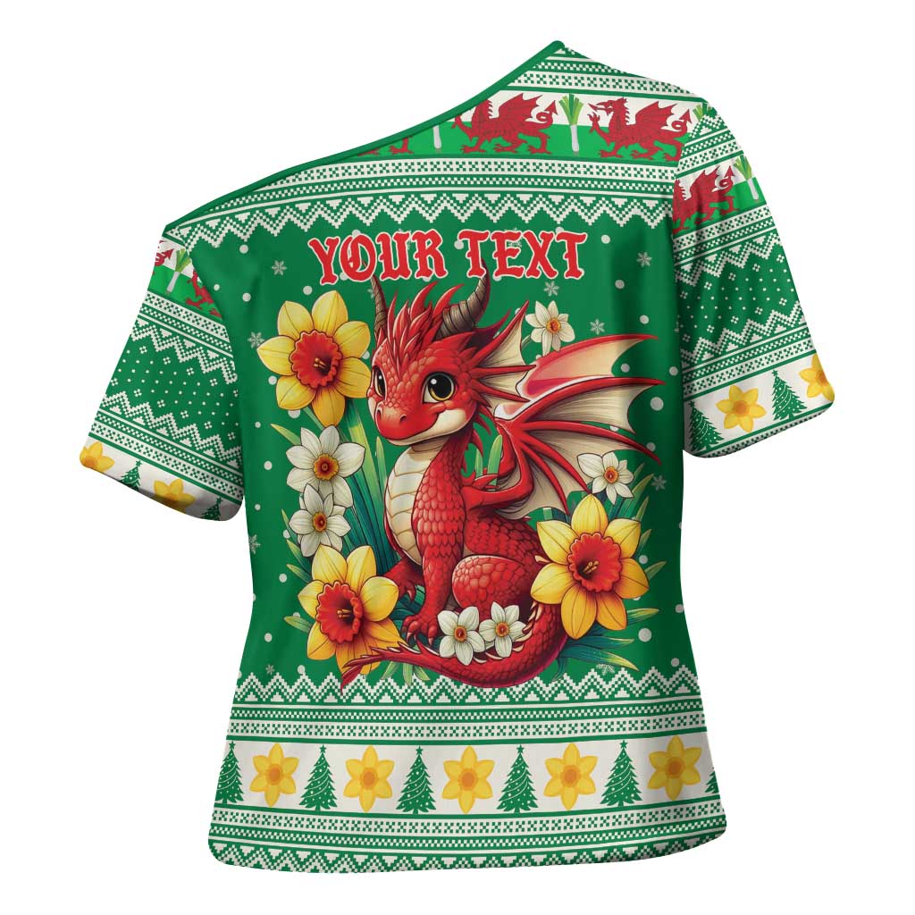 Personalized Wales Christmas Cross Shoulder Shirt Cute Red Welsh Dragon and Daffodils - Wonder Print Shop