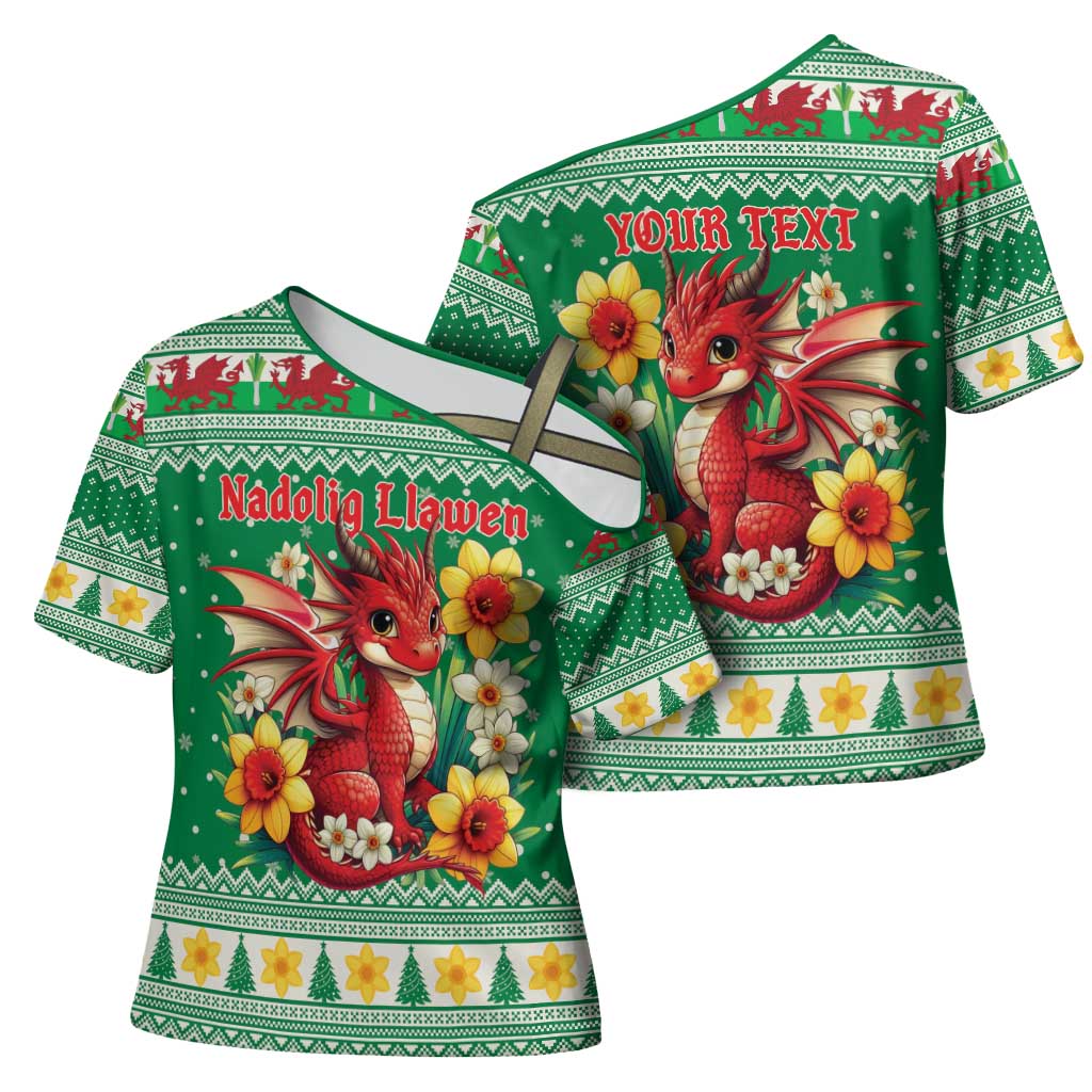 Personalized Wales Christmas Cross Shoulder Shirt Cute Red Welsh Dragon and Daffodils - Wonder Print Shop