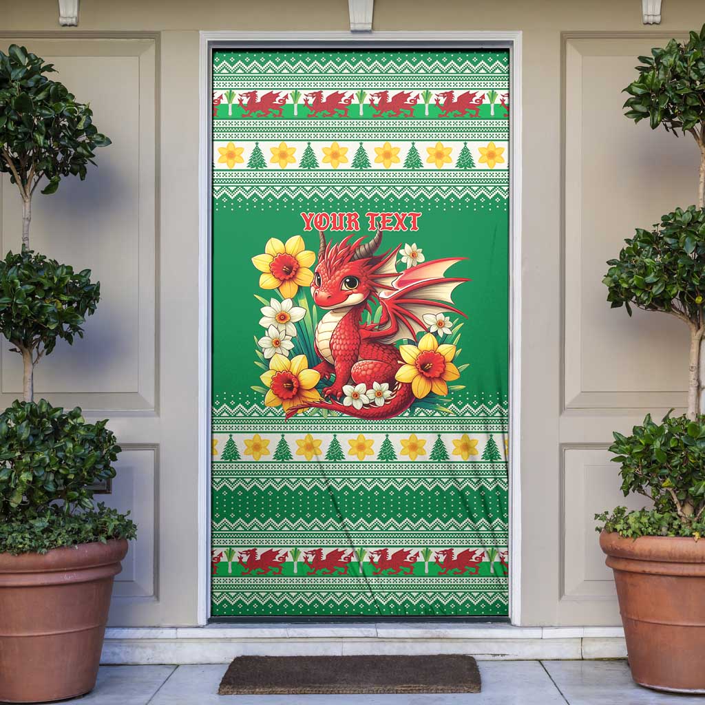 Personalized Wales Christmas Door Cover Cute Red Welsh Dragon and Daffodils - Wonder Print Shop
