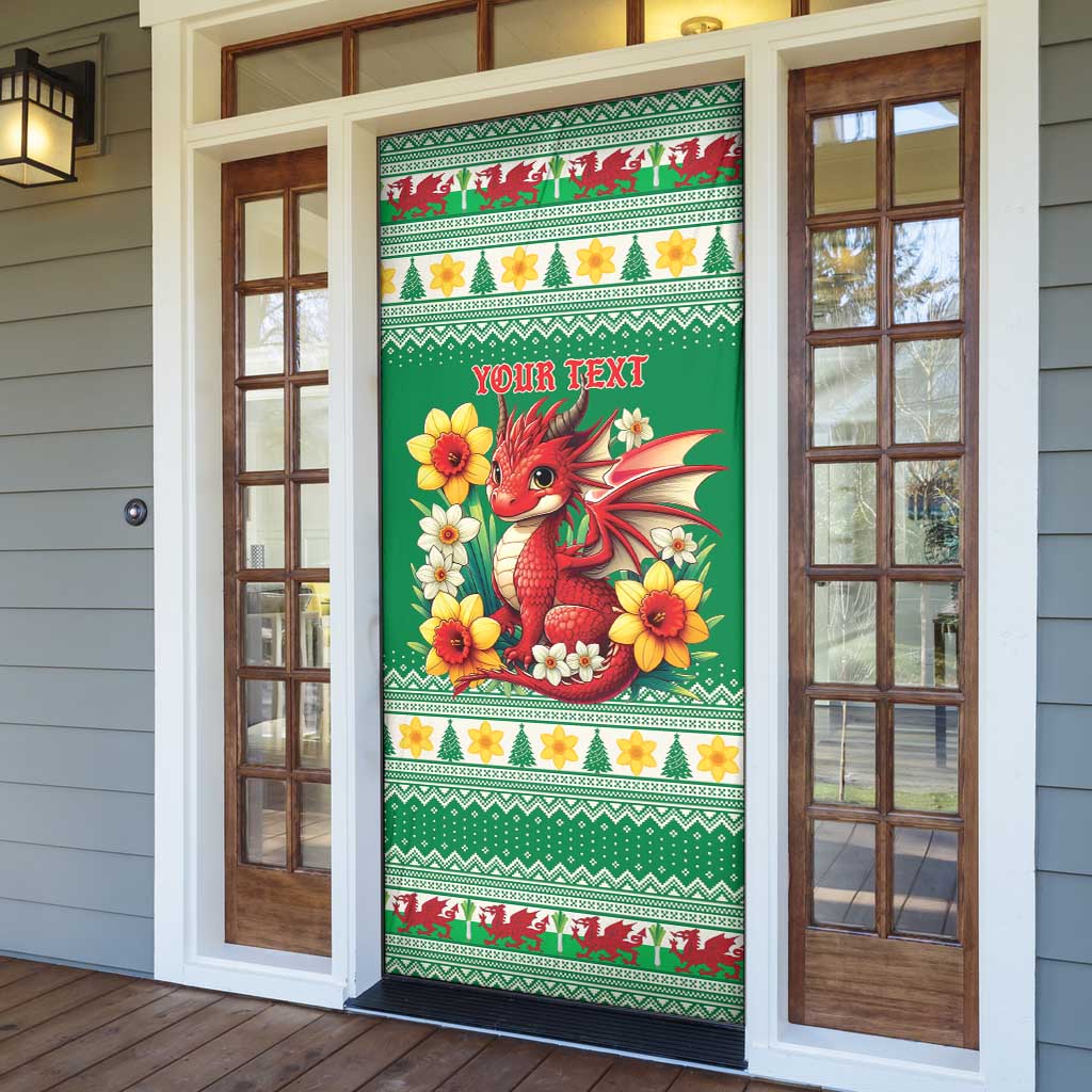 Personalized Wales Christmas Door Cover Cute Red Welsh Dragon and Daffodils - Wonder Print Shop