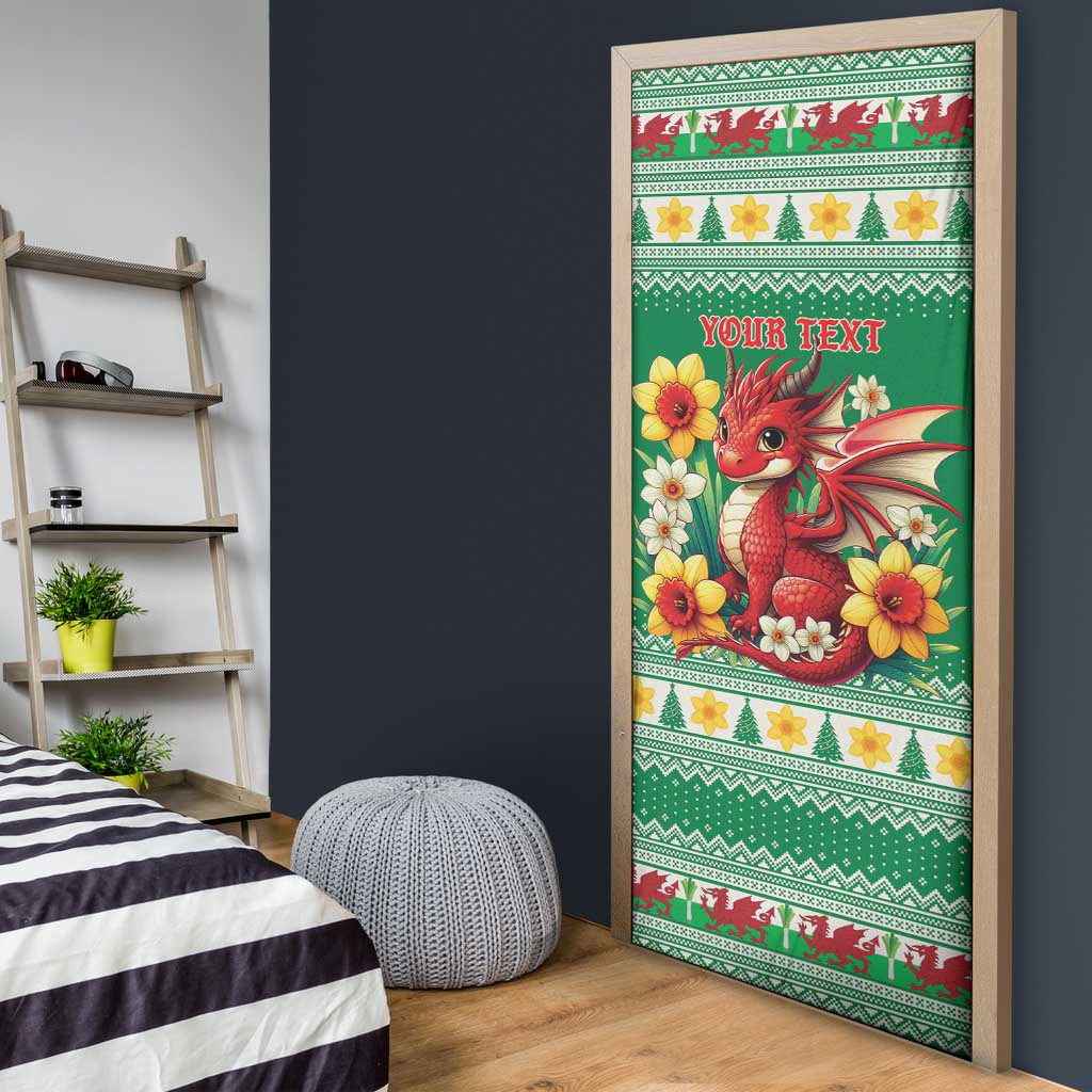 Personalized Wales Christmas Door Cover Cute Red Welsh Dragon and Daffodils - Wonder Print Shop