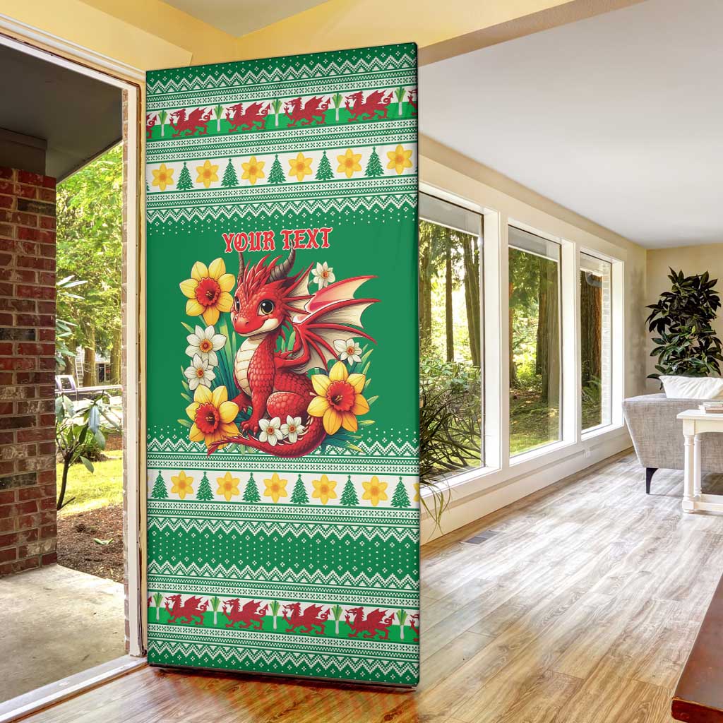 Personalized Wales Christmas Door Cover Cute Red Welsh Dragon and Daffodils - Wonder Print Shop