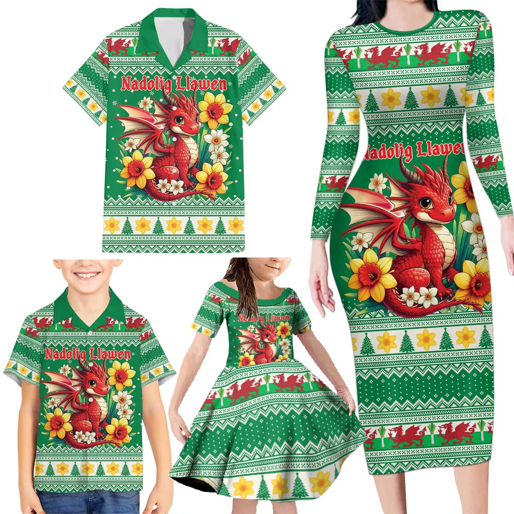 Personalized Wales Christmas Family Matching Long Sleeve Bodycon Dress and Hawaiian Shirt Cute Red Welsh Dragon and Daffodils - Wonder Print Shop