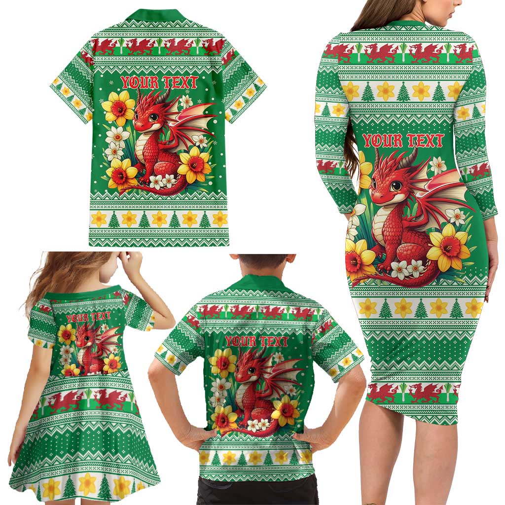 Personalized Wales Christmas Family Matching Long Sleeve Bodycon Dress and Hawaiian Shirt Cute Red Welsh Dragon and Daffodils - Wonder Print Shop