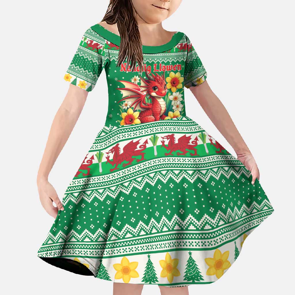 Personalized Wales Christmas Family Matching Mermaid Dress and Hawaiian Shirt Cute Red Welsh Dragon and Daffodils - Wonder Print Shop