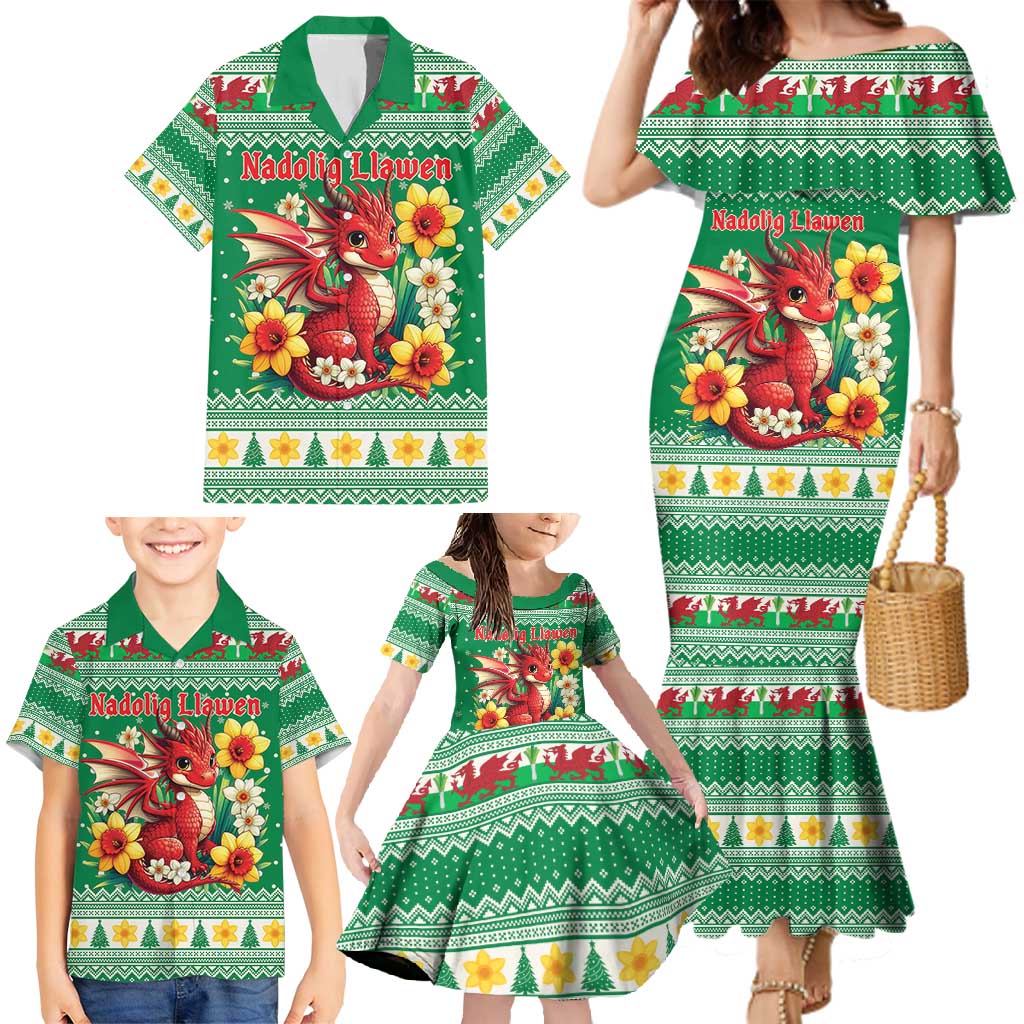 Personalized Wales Christmas Family Matching Mermaid Dress and Hawaiian Shirt Cute Red Welsh Dragon and Daffodils - Wonder Print Shop