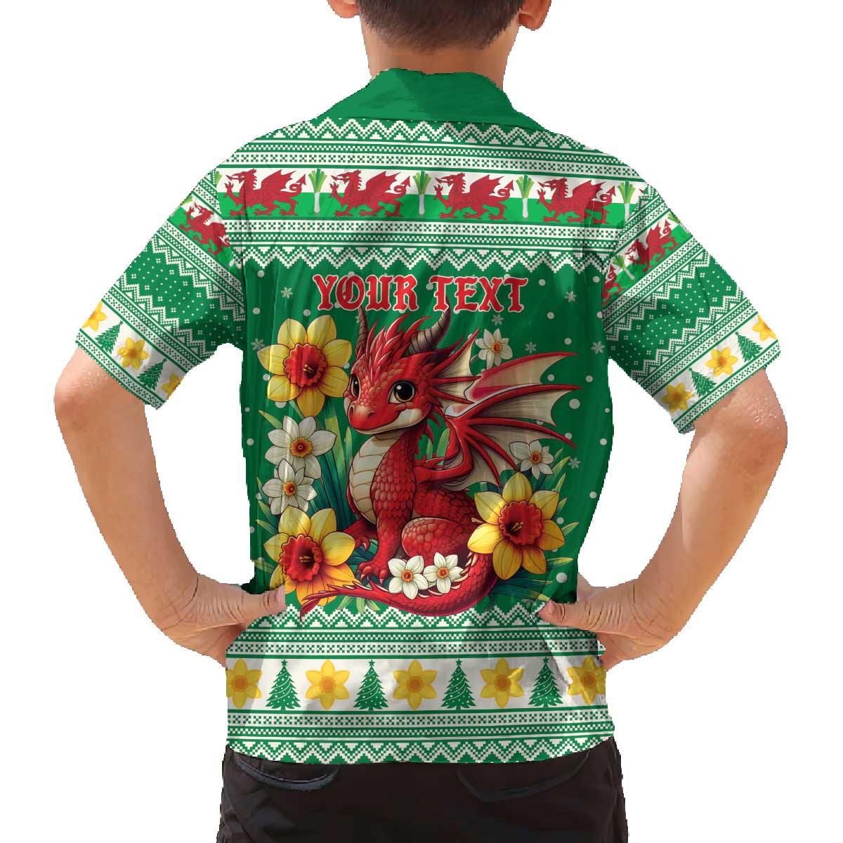 Personalized Wales Christmas Family Matching Off The Shoulder Long Sleeve Dress and Hawaiian Shirt Cute Red Welsh Dragon and Daffodils - Wonder Print Shop