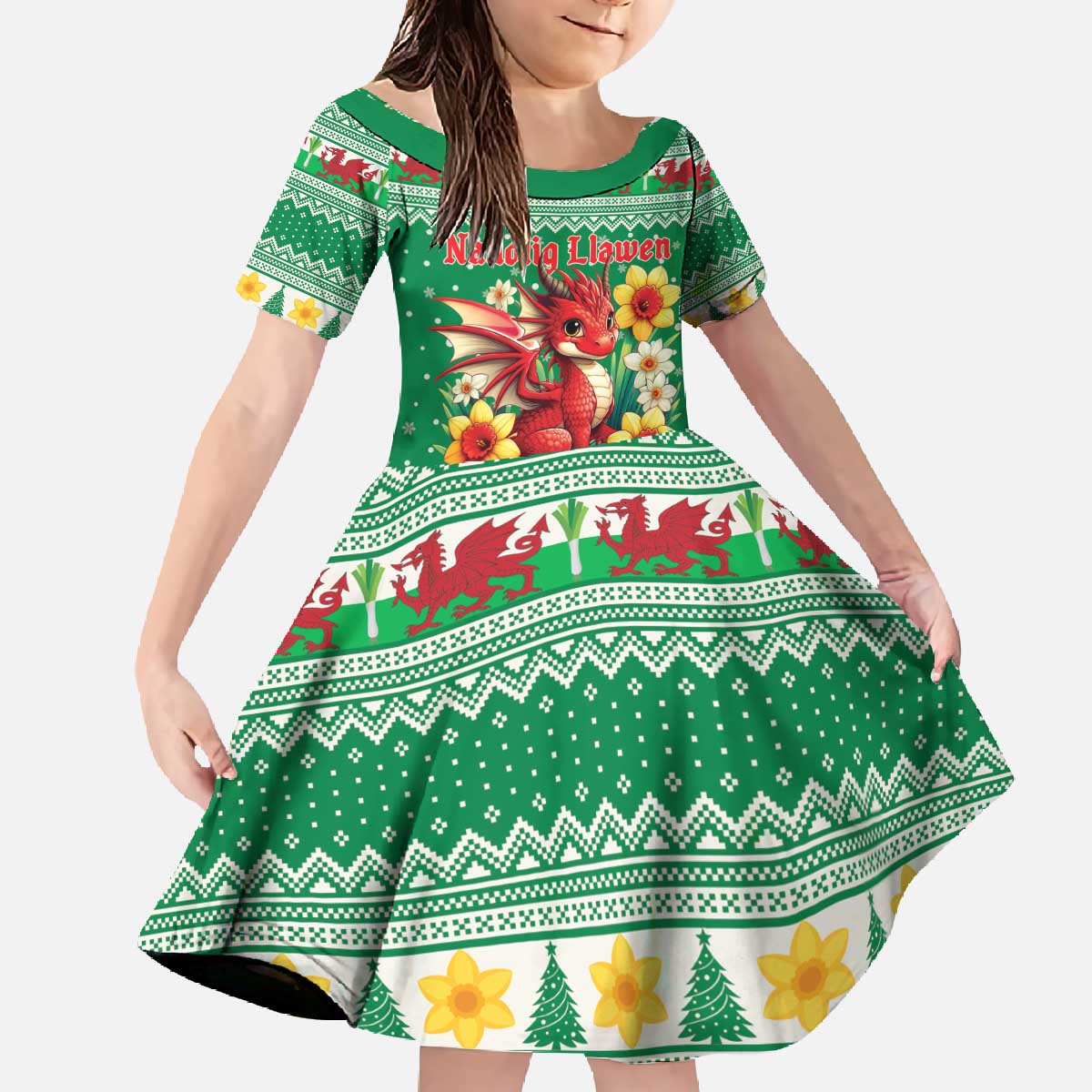 Personalized Wales Christmas Family Matching Off The Shoulder Long Sleeve Dress and Hawaiian Shirt Cute Red Welsh Dragon and Daffodils - Wonder Print Shop