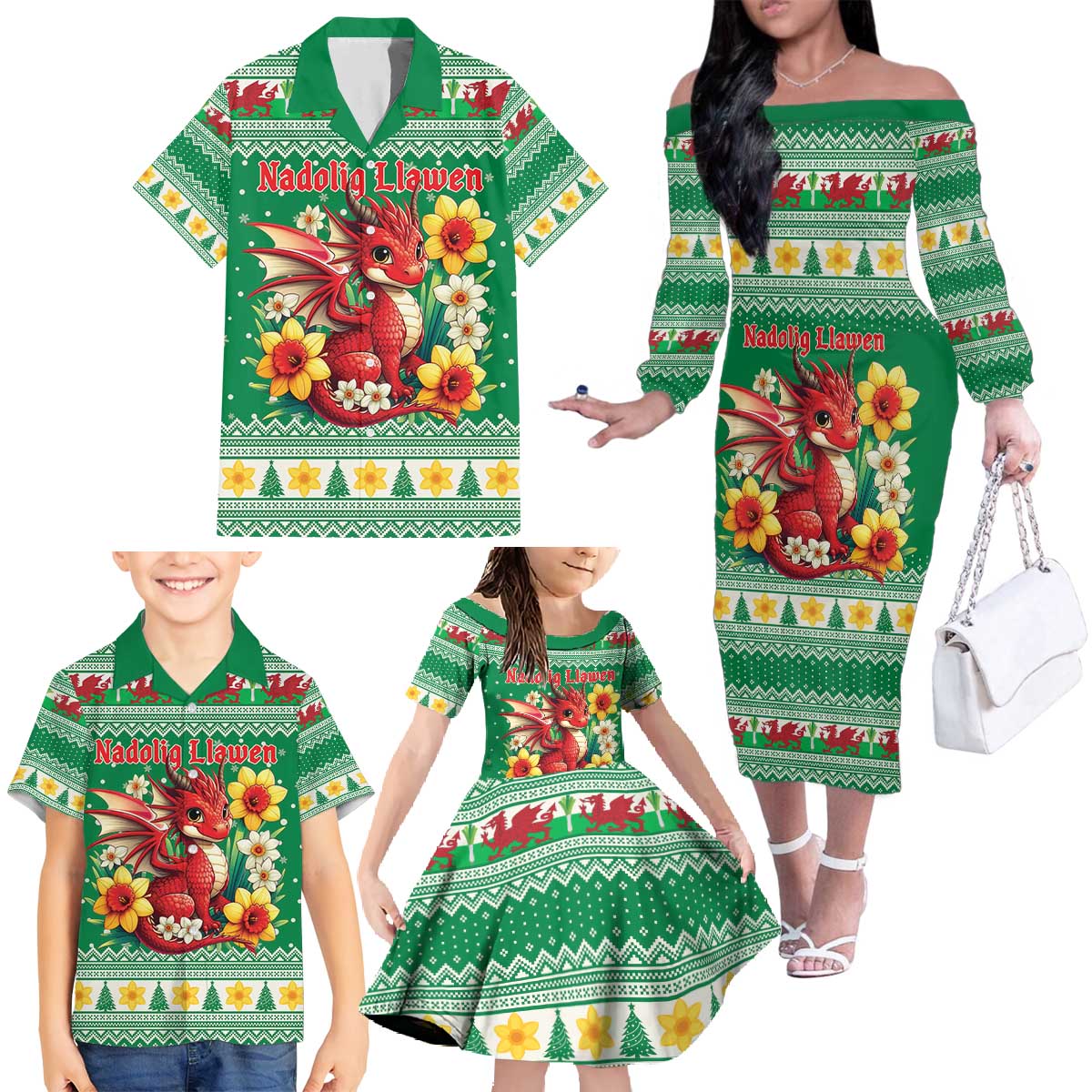 Personalized Wales Christmas Family Matching Off The Shoulder Long Sleeve Dress and Hawaiian Shirt Cute Red Welsh Dragon and Daffodils - Wonder Print Shop