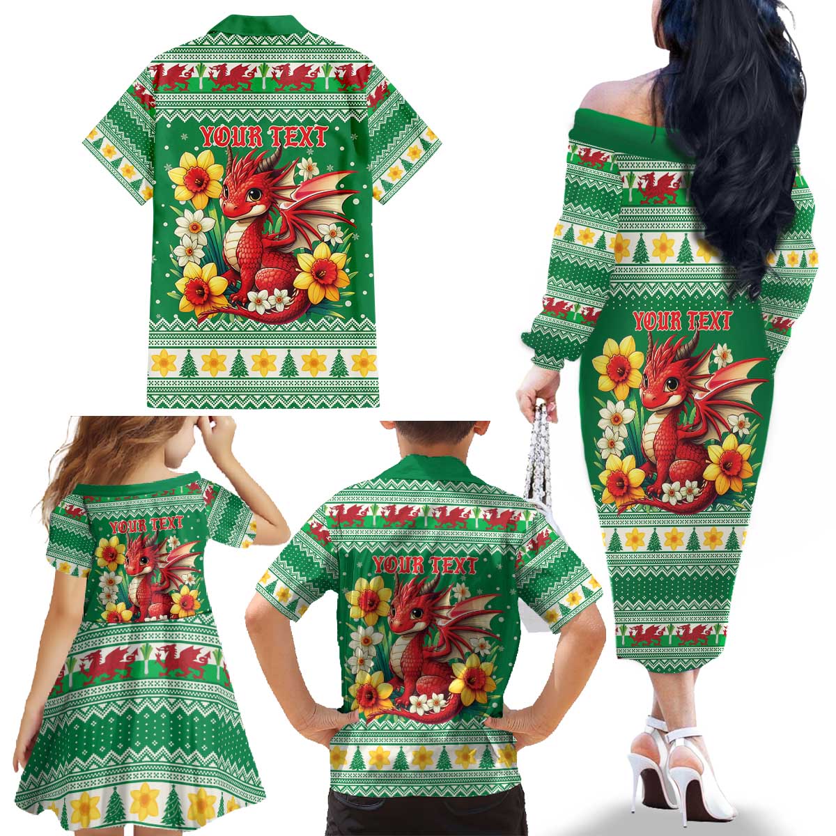 Personalized Wales Christmas Family Matching Off The Shoulder Long Sleeve Dress and Hawaiian Shirt Cute Red Welsh Dragon and Daffodils - Wonder Print Shop