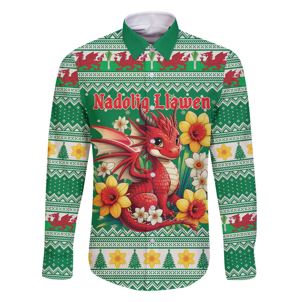 Personalized Wales Christmas Family Matching Off The Shoulder Long Sleeve Dress and Hawaiian Shirt Cute Red Welsh Dragon and Daffodils - Wonder Print Shop