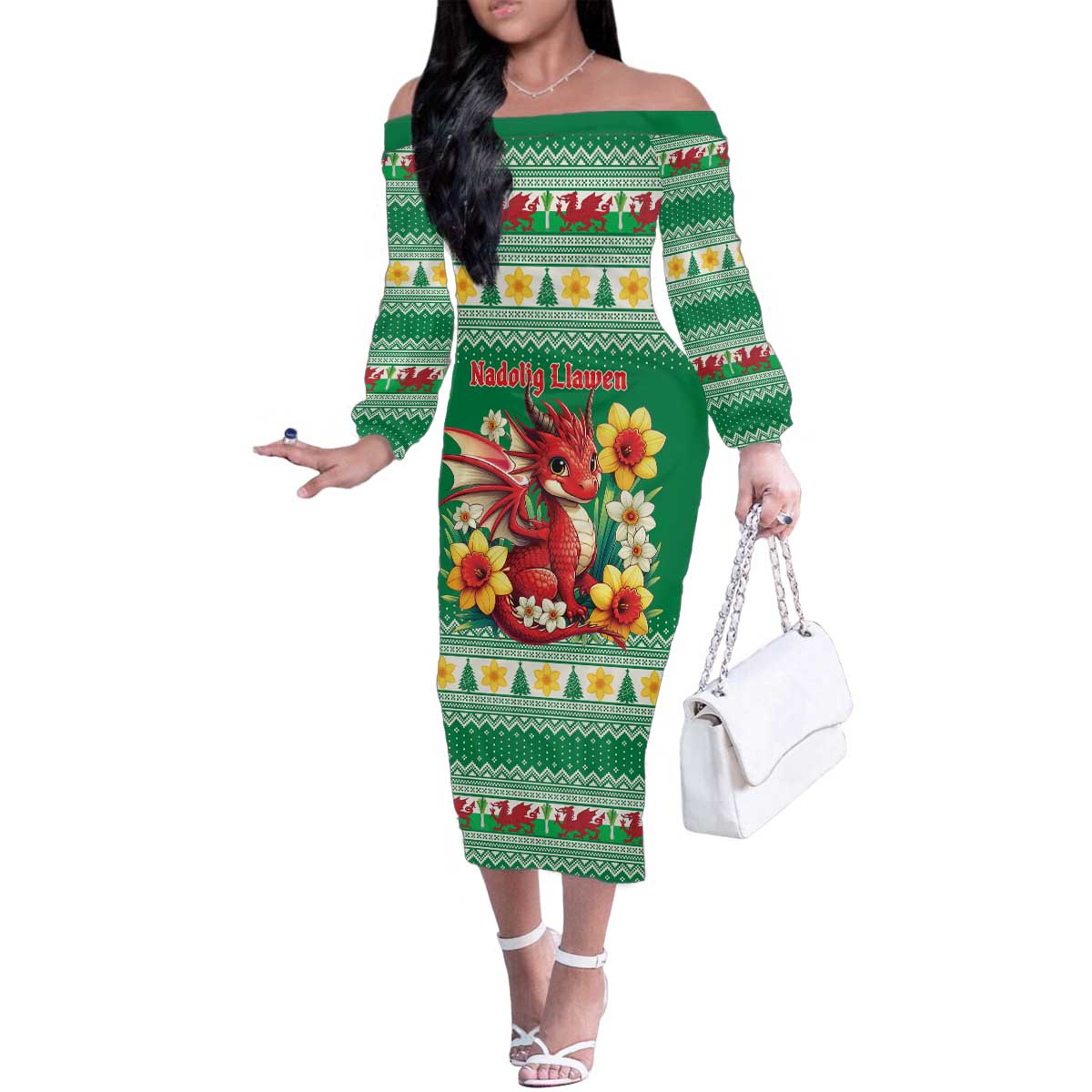 Personalized Wales Christmas Family Matching Off The Shoulder Long Sleeve Dress and Hawaiian Shirt Cute Red Welsh Dragon and Daffodils - Wonder Print Shop